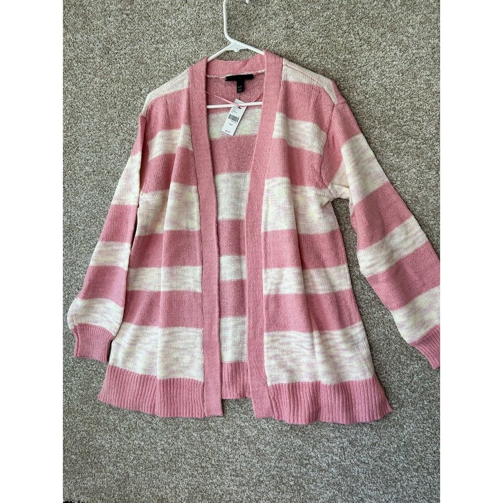 Lane Bryant Pink Cream Thick Stripe Open Front Long Cardigan Sweater Size 10/12